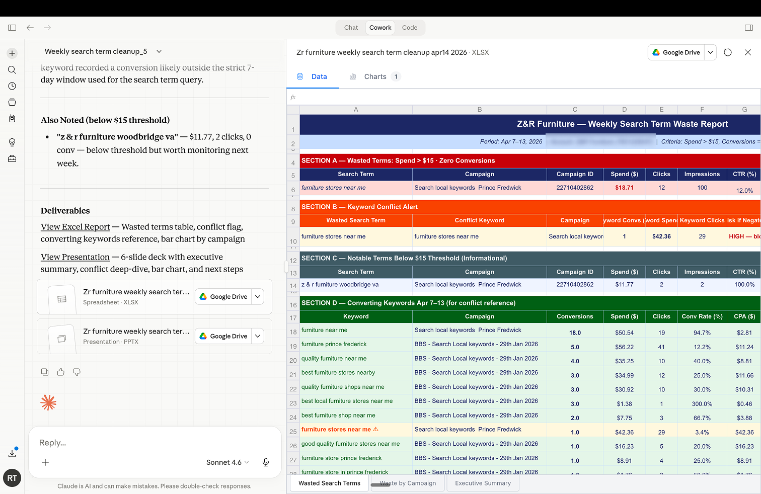 Claude Cowork automated Excel report output with ad performance metrics for Google and Meta Ads
