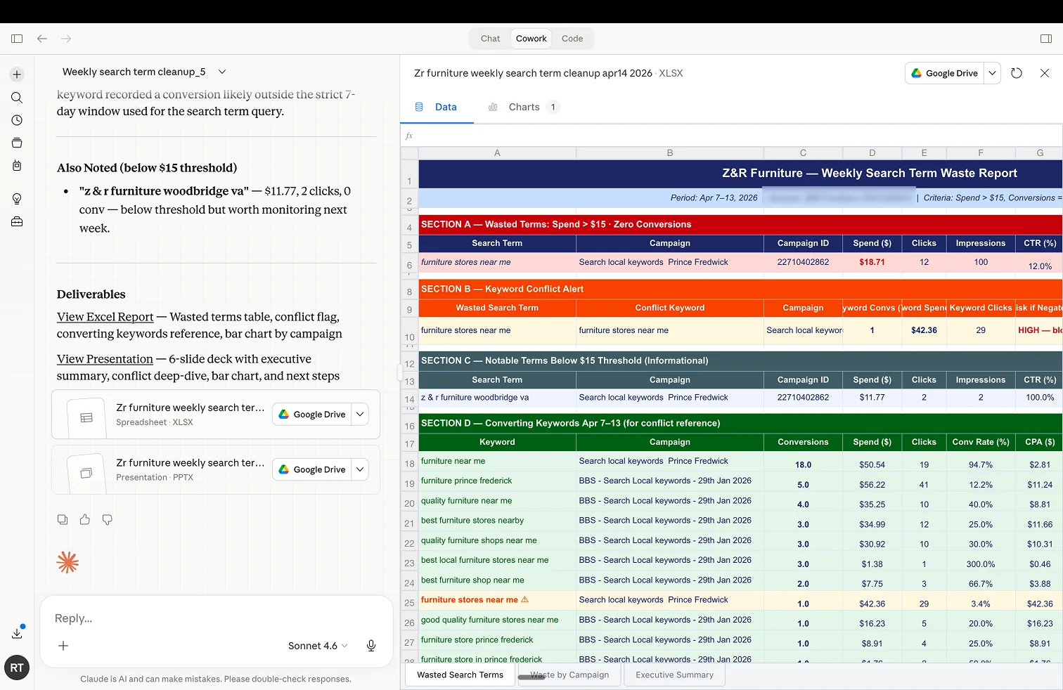 Claude Cowork automated Excel report output with ad performance metrics for Google and Meta Ads