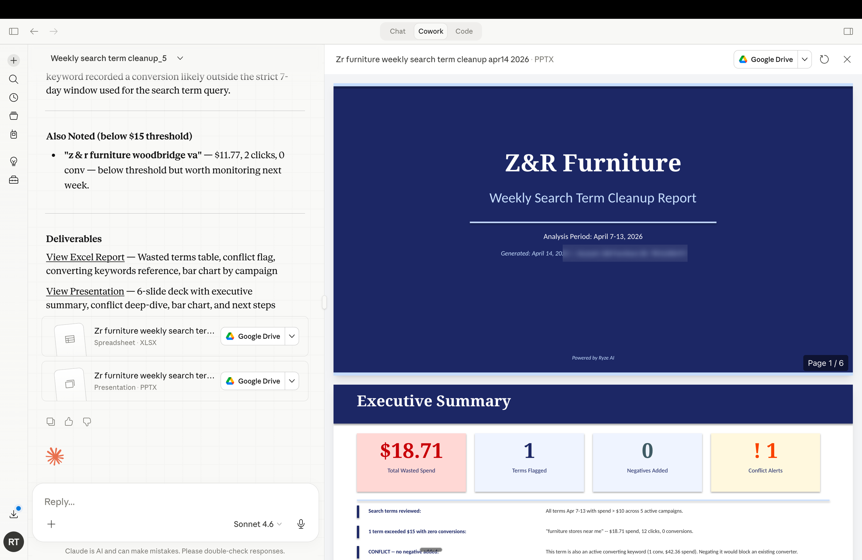 Claude Cowork automated stakeholder presentation for Google Ads and Meta Ads performance