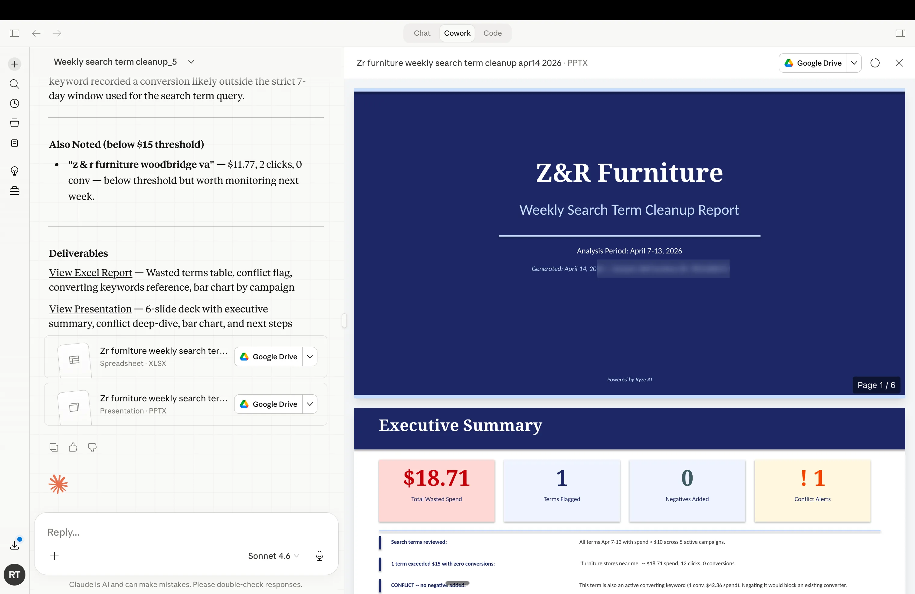 Claude Cowork automated stakeholder presentation for Google Ads and Meta Ads performance