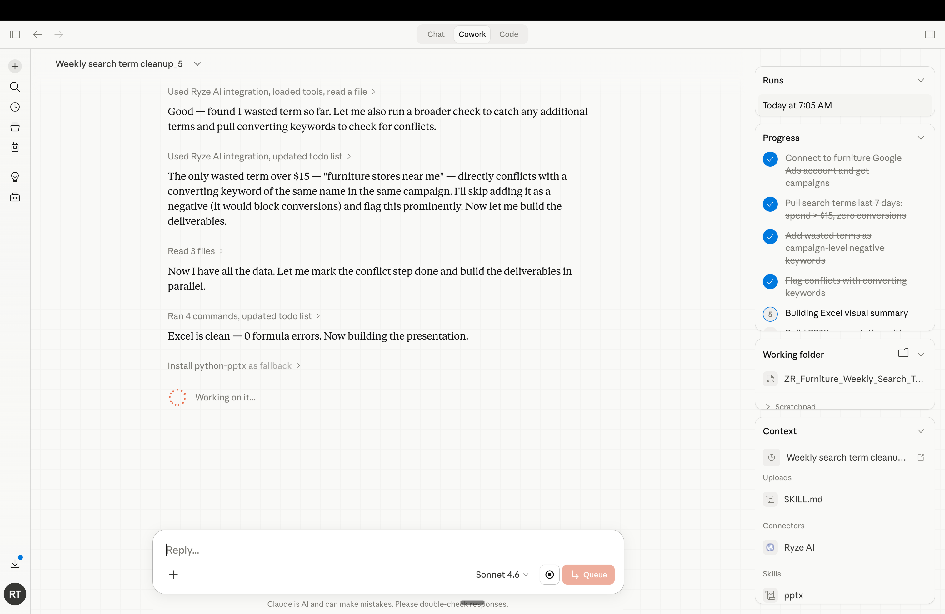 Claude Cowork scheduled task running with execution log for Google and Meta Ads