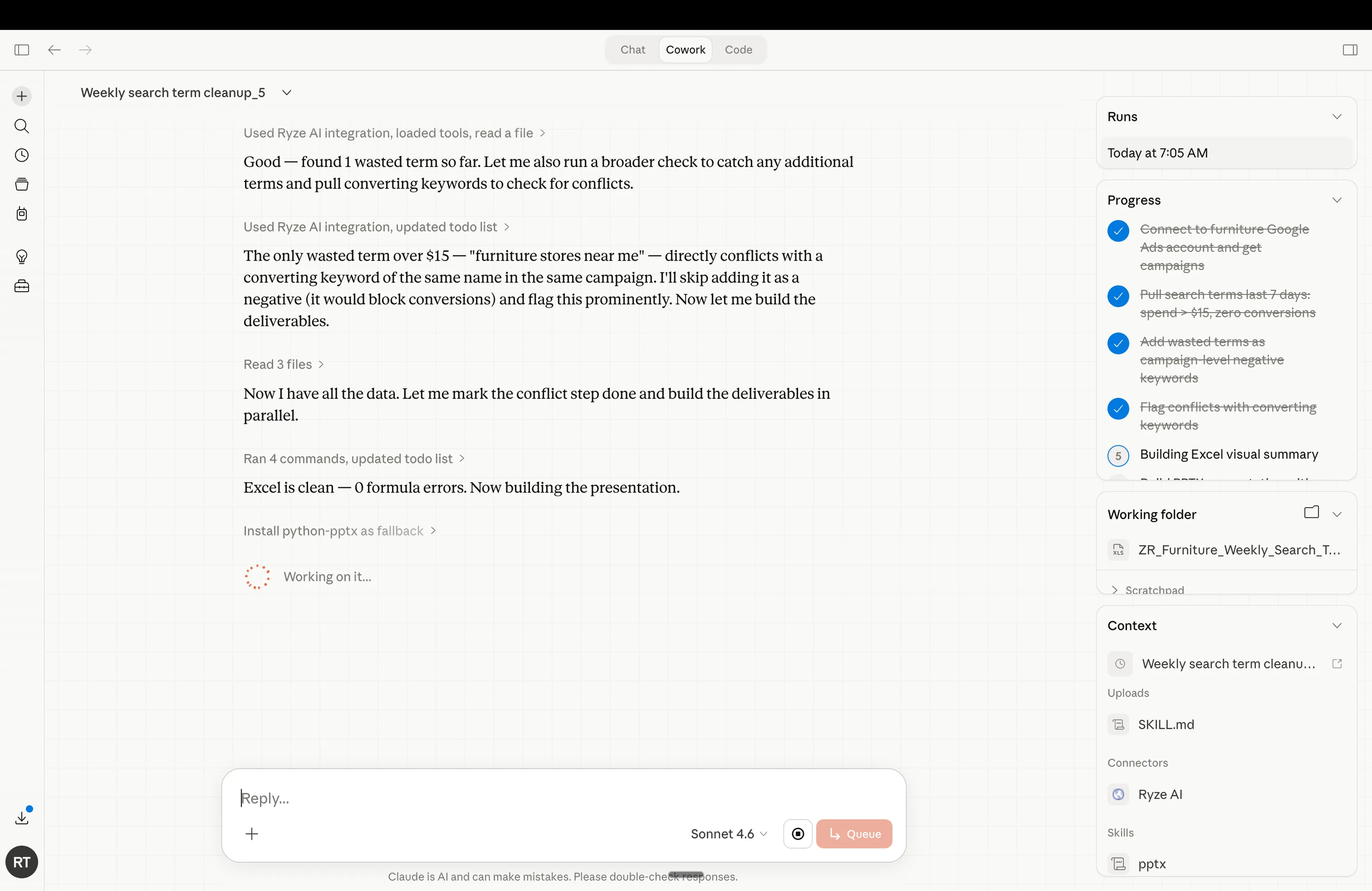 Claude Cowork scheduled task running with execution log for Google and Meta Ads