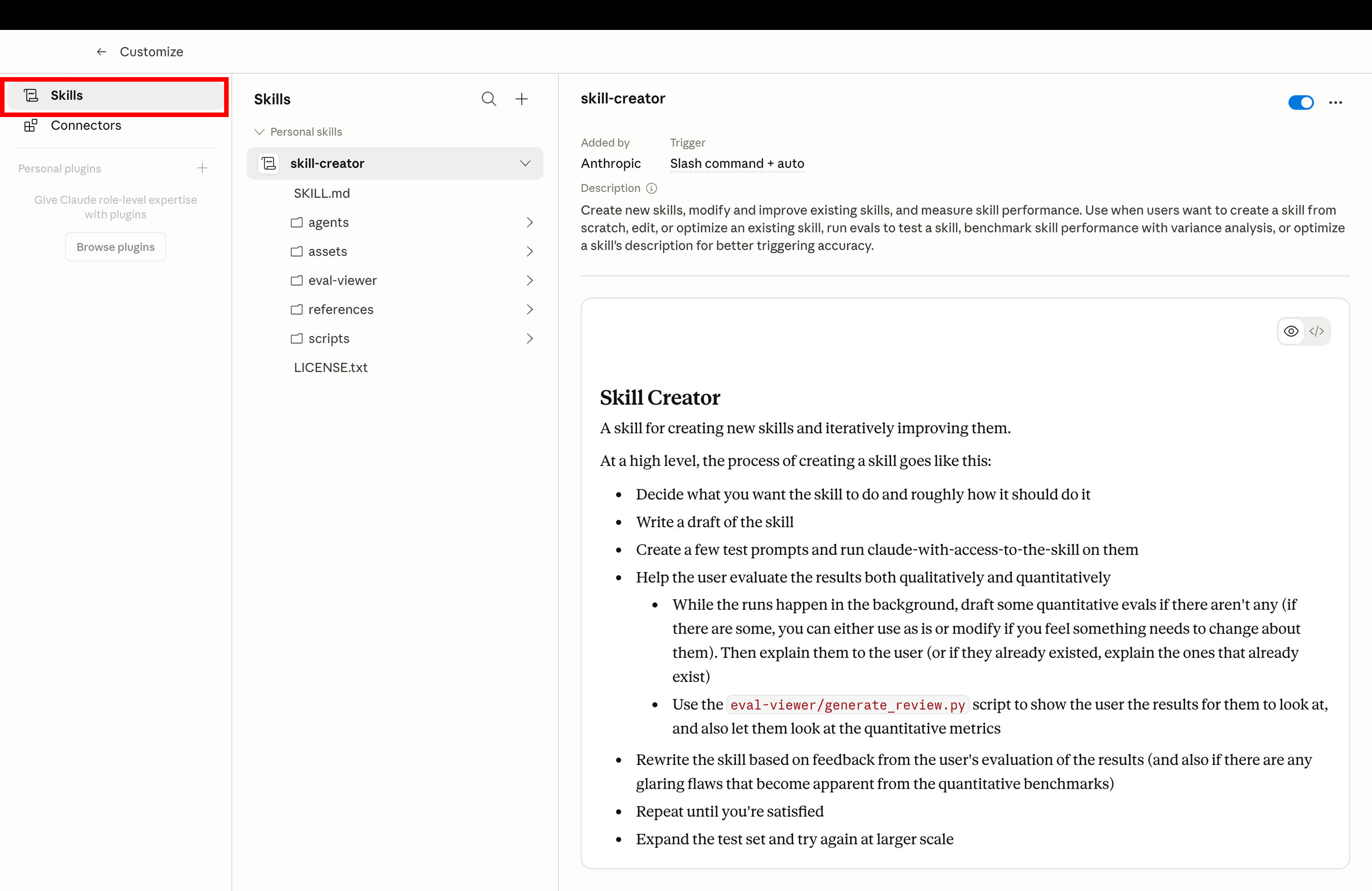 Click Skills tab in Claude Customize to manage installed skills