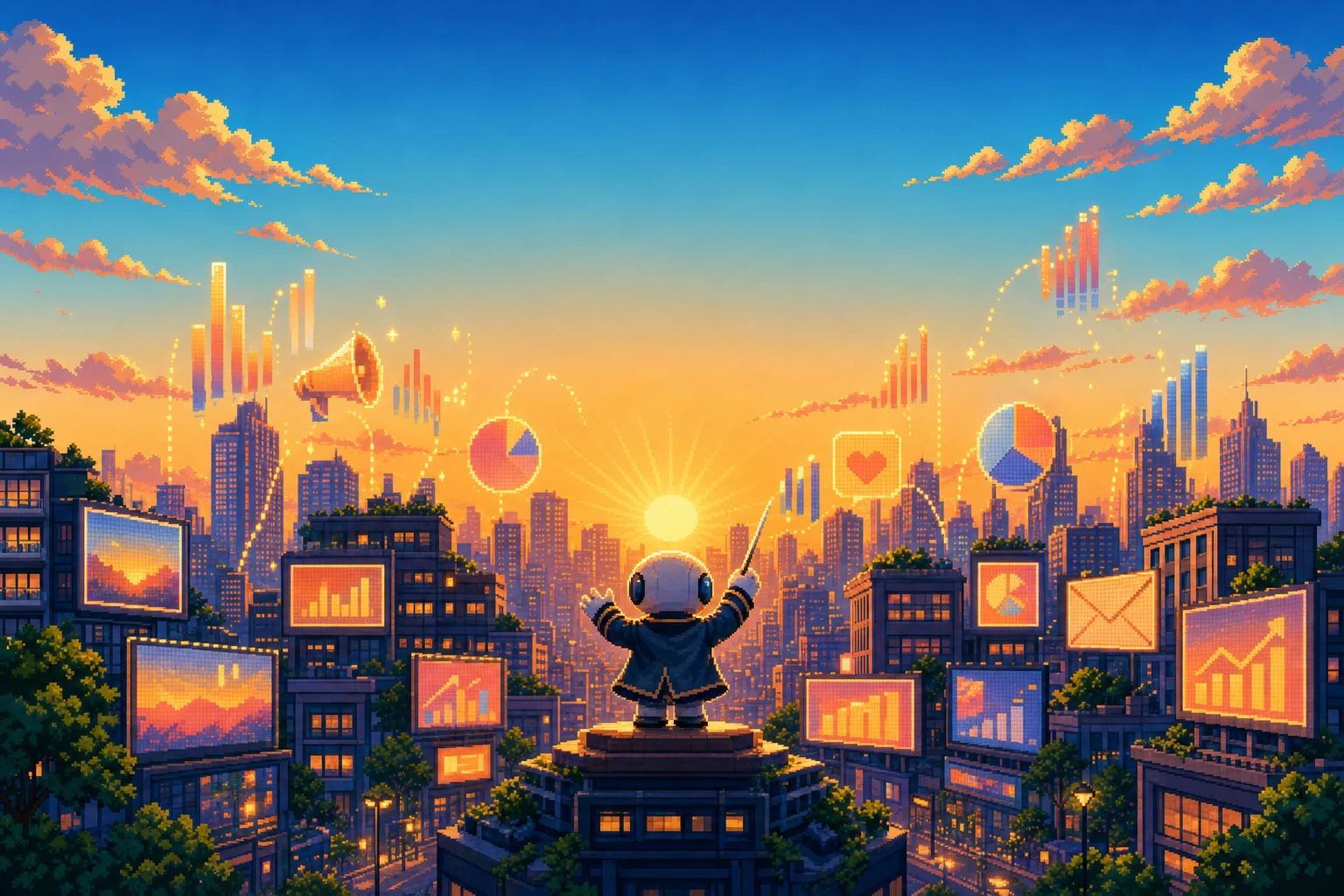 Pixel-art robot conducting a city of billboards and charts