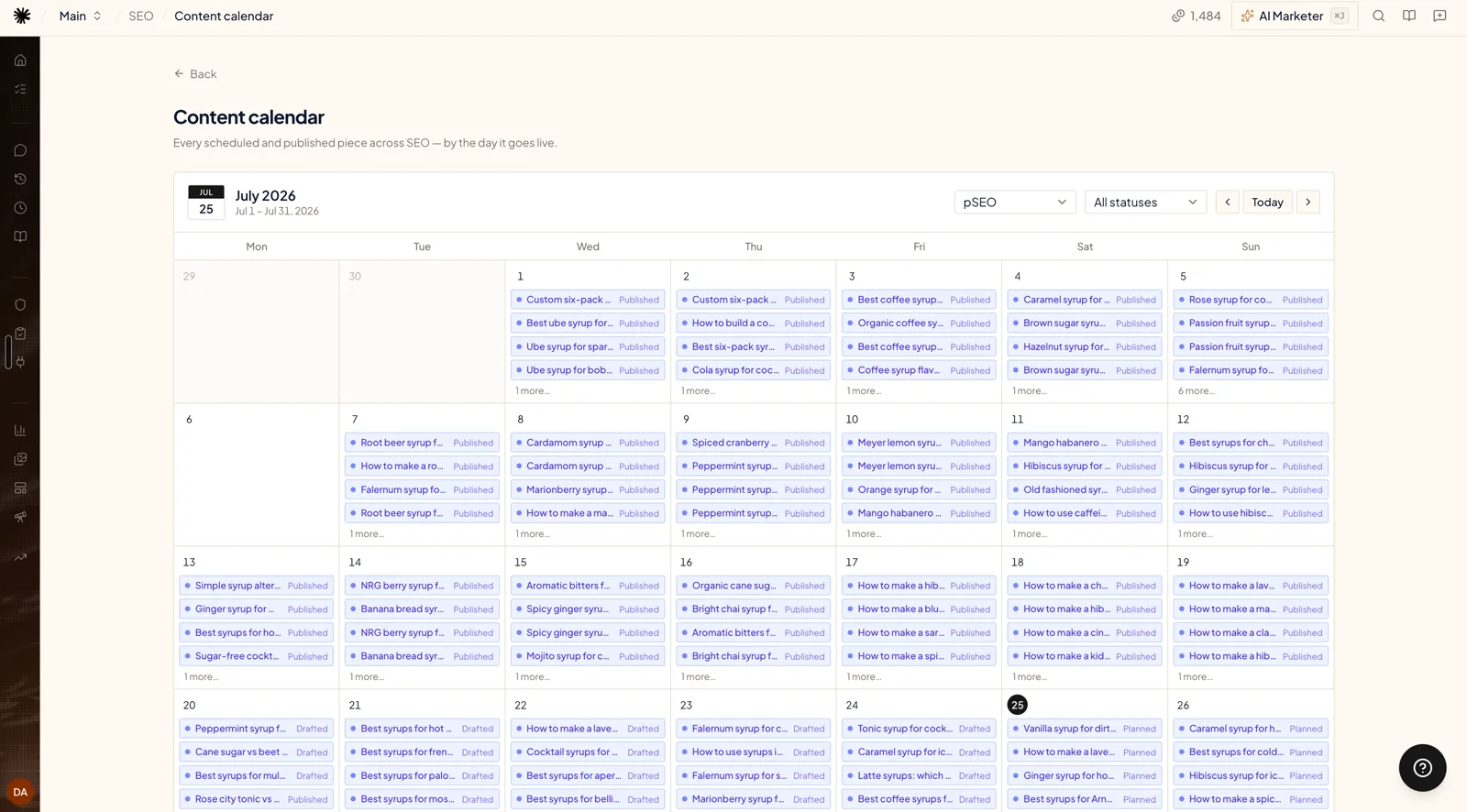 Ryze AI content calendar for July 2026 filtered to programmatic SEO — a month grid where every day holds four or more scheduled pieces such as syrup recipe and product guides, each tagged Published, Drafted, or Planned