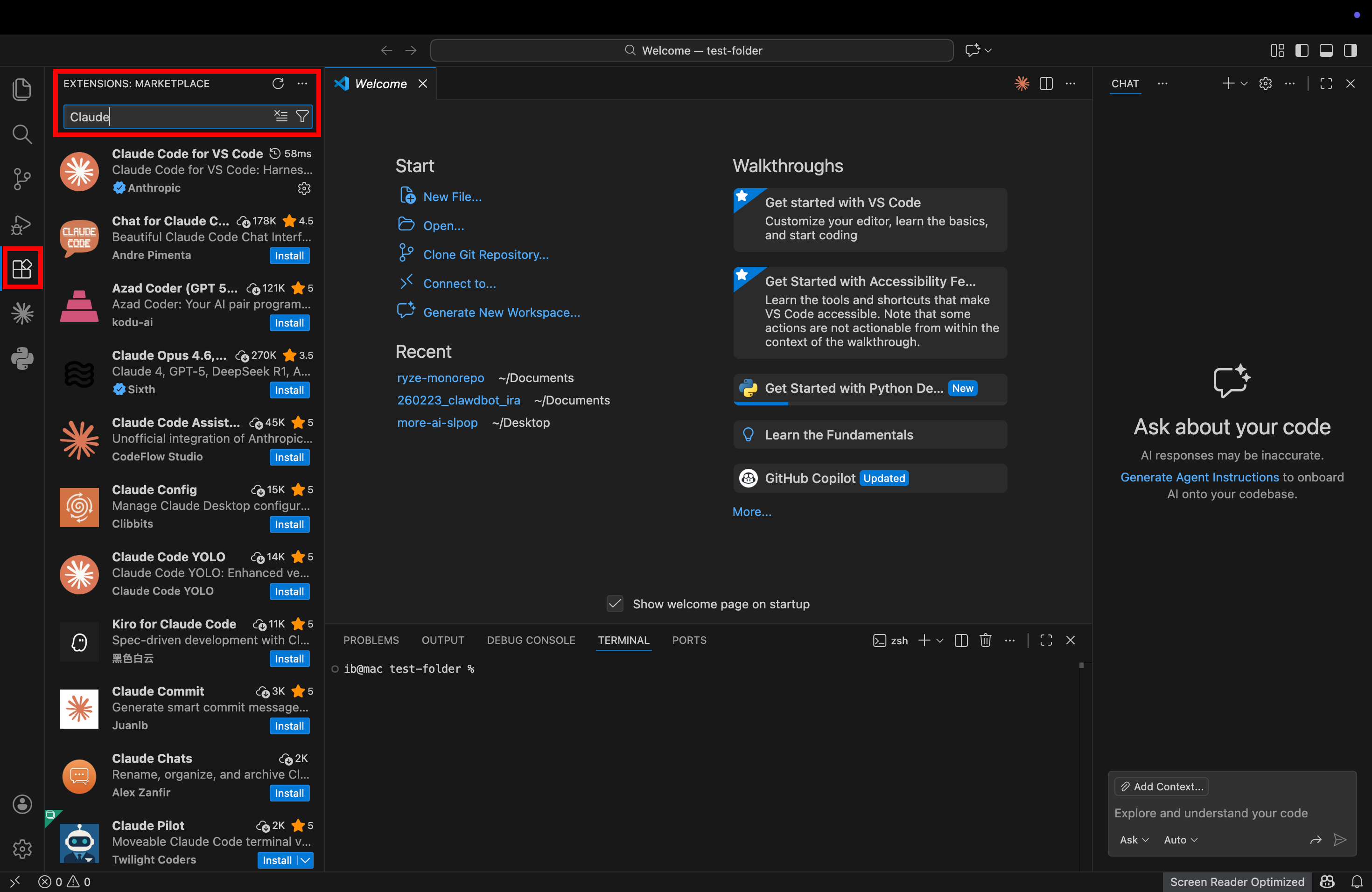 Claude Code VS Code extension by Anthropic installed and ready for Google Ads and Meta Ads automation