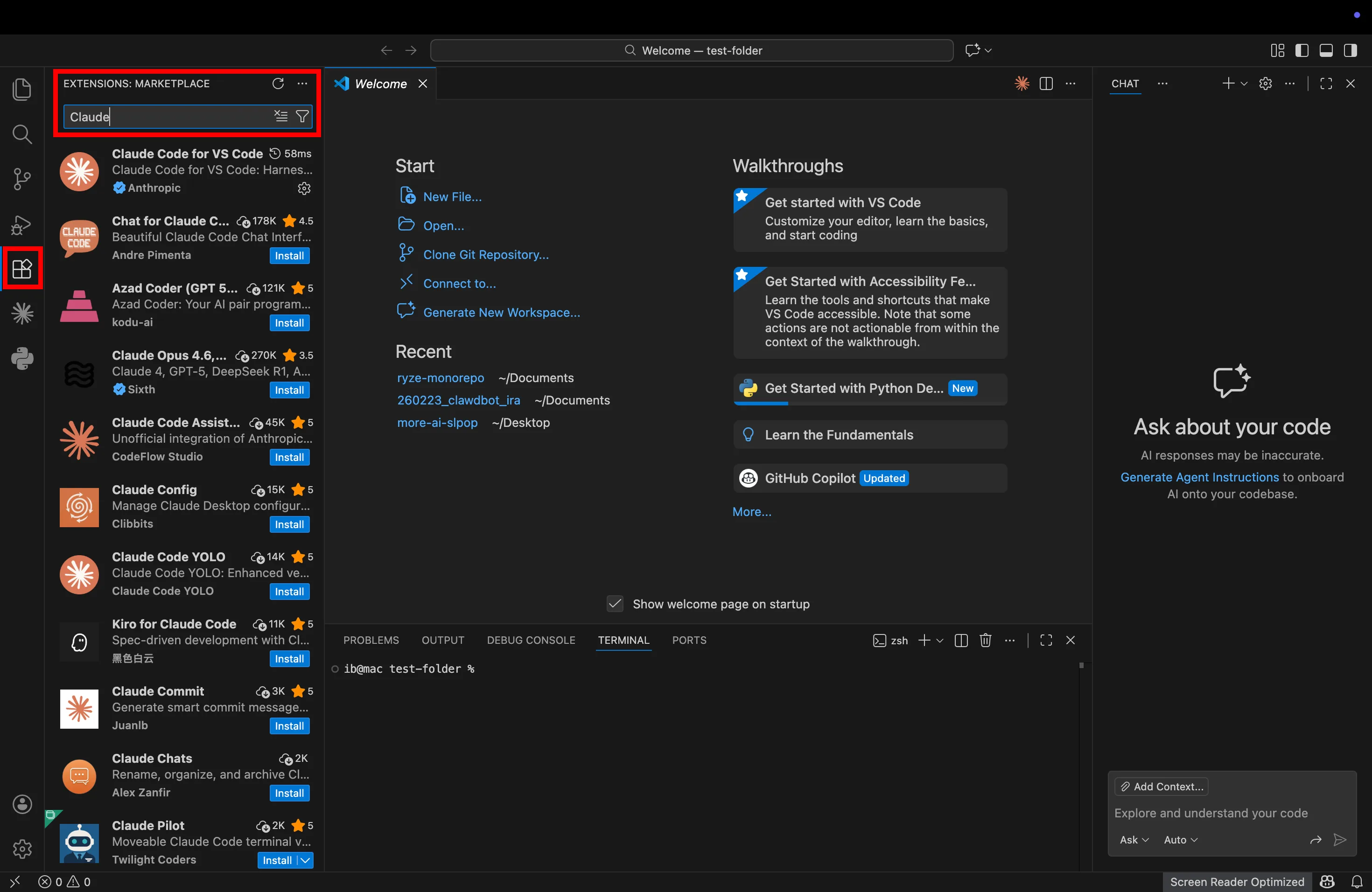 Claude Code VS Code extension by Anthropic installed and ready for Google Ads and Meta Ads automation