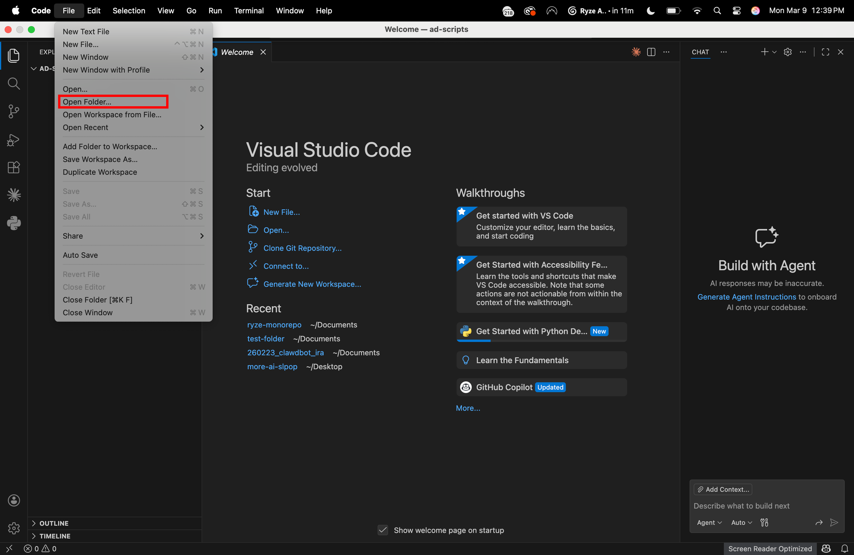 Opening a project folder in VS Code to organise Claude Code Google and Meta Ads automation scripts