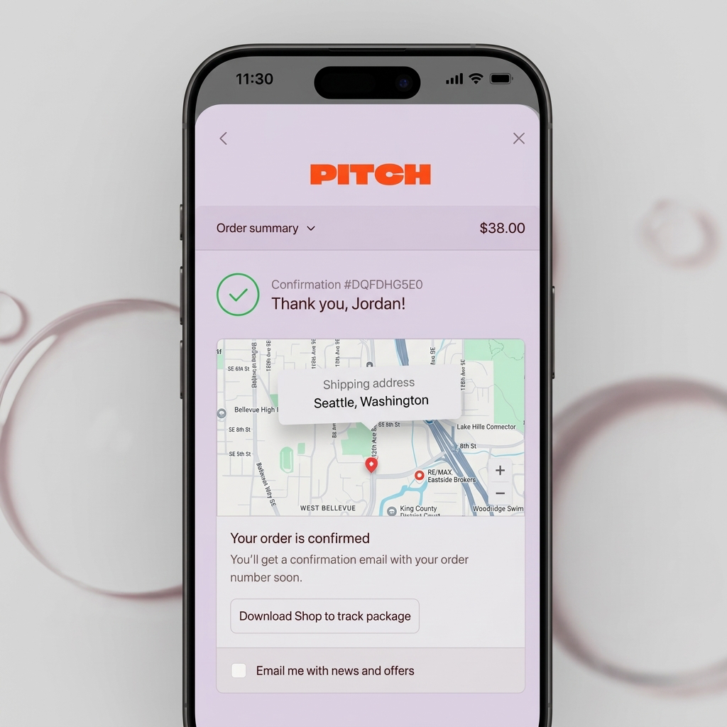 Order confirmation page after completing a Shopify purchase through ChatGPT showing order number, shipping address, and delivery tracking