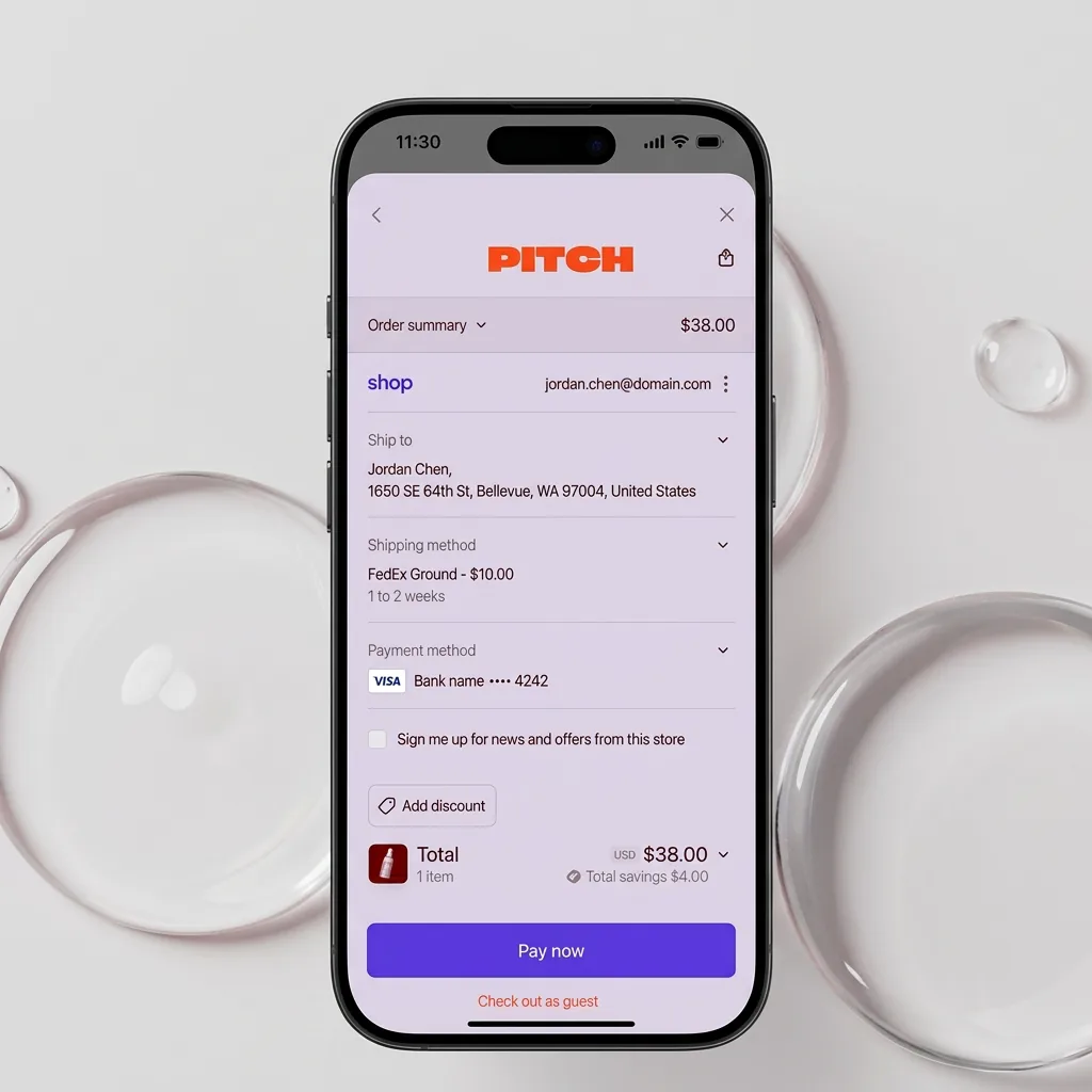 ChatGPT経由購入のShop Payチェックアウトページ。配送先・決済方法・今すぐ支払うボタンを表示