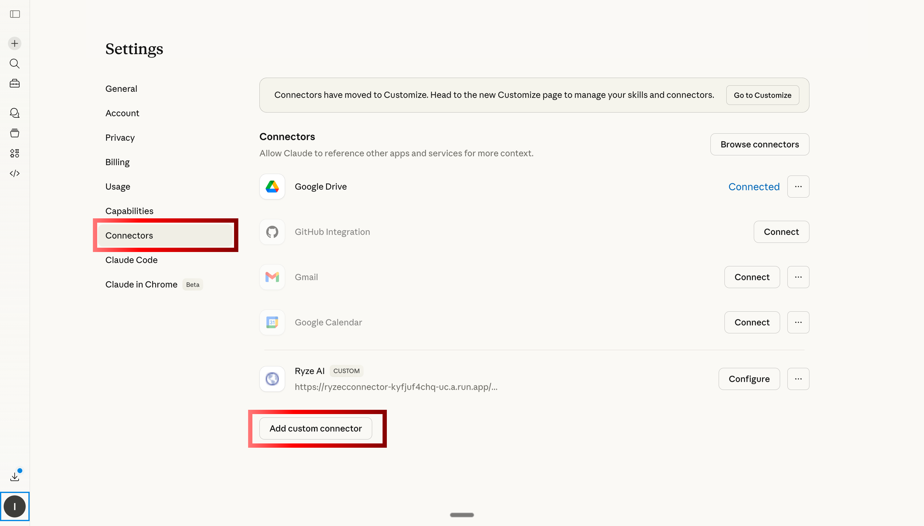 Claude AI 설정에서 사용자 정의 커넥터 탭으로 이동