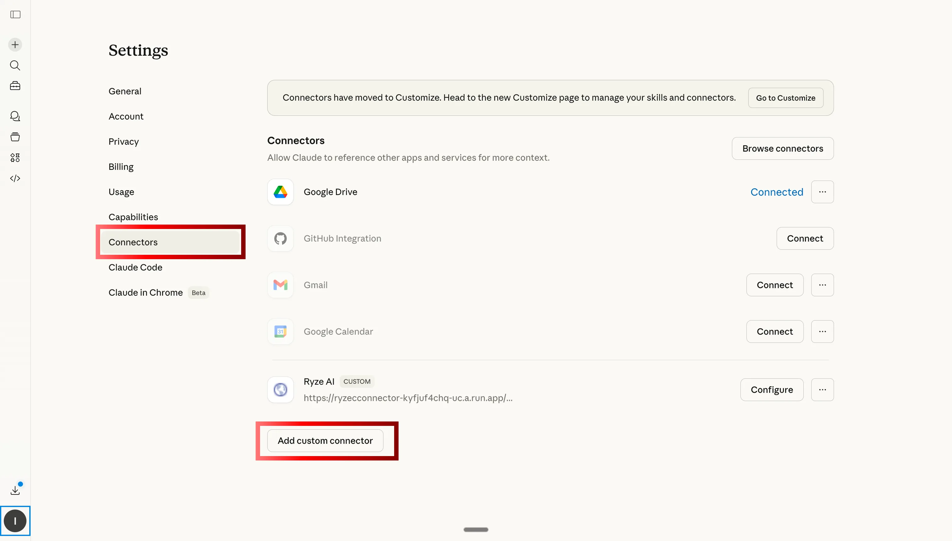 Navigate to custom connectors tab in Claude to add Ryze AI MCP