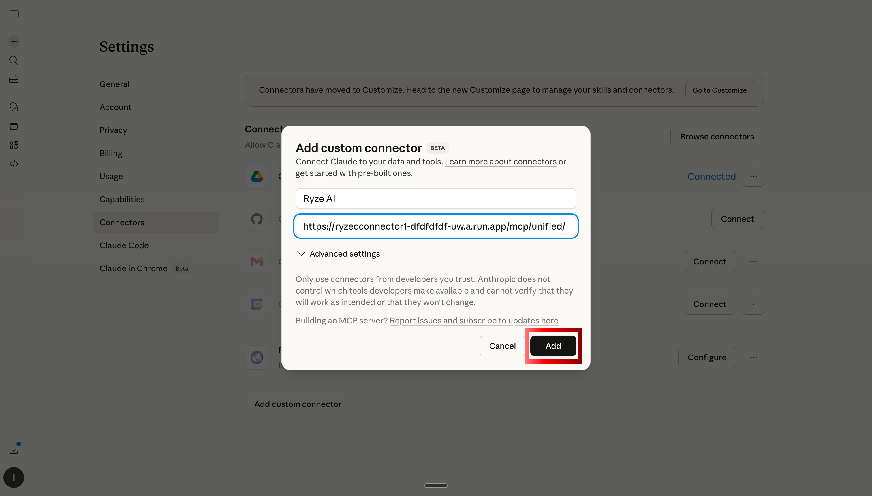 Meta Ads를 Claude에 연결하기 위해 Ryze AI MCP 서버 URL 붙여넣기