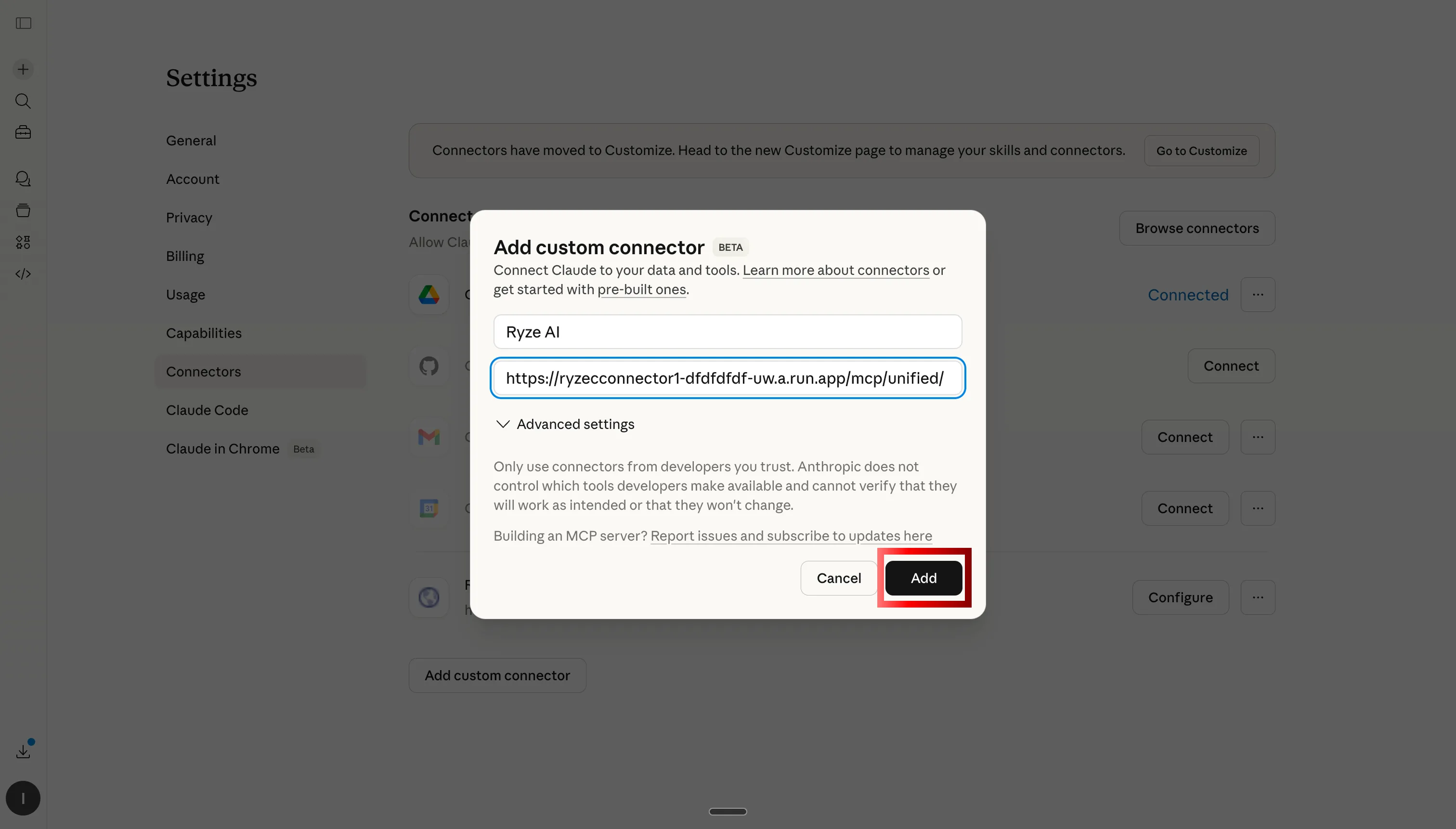 Paste Ryze AI MCP server URL to connect Claude to Google Ads and Meta Ads