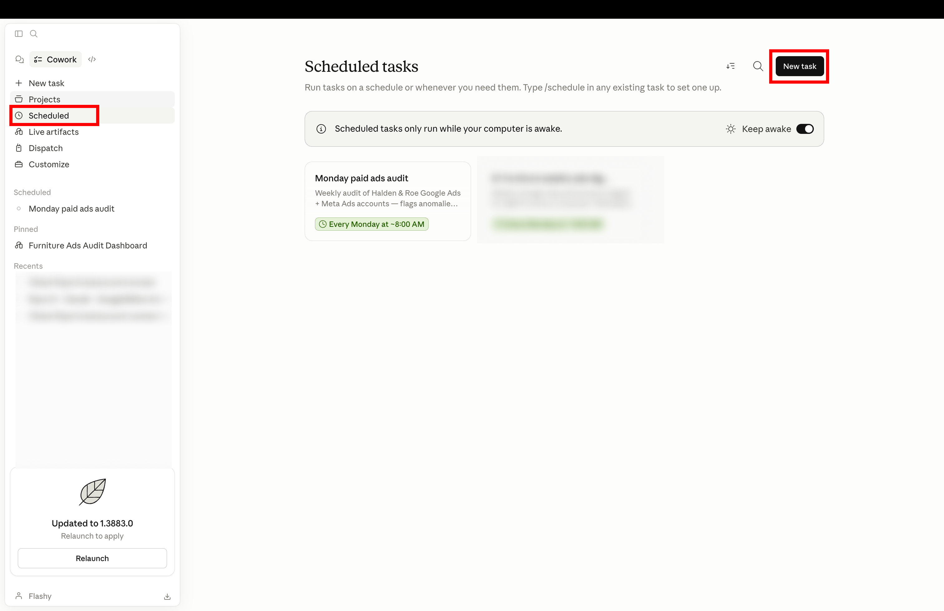 Claude Cowork scheduled tasks dashboard. Sidebar shows the Scheduled section selected. Main pane lists existing scheduled tasks with the New task button highlighted in the top right. The first task is a Monday paid ads audit that runs every Monday at 8:00 AM. A note at the top reads: Scheduled tasks only run while your computer is awake — with a Keep awake toggle on the right.