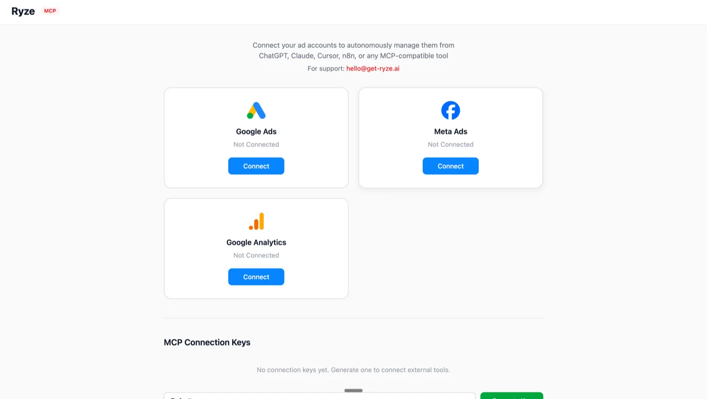 Connect Google Ads, Meta Ads, and Google Analytics to Claude AI via MCP Ryze MCP connect screen for Claude AI ad dashboards — Google Ads, Meta Ads, Google Analytics OAuth tiles.