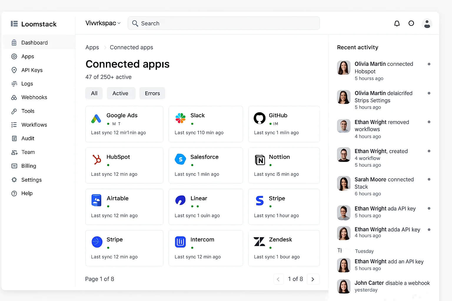 Loomstack MCP for Google Ads — multi-platform connector dashboard with Google Ads, Meta, Slack, GitHub and HubSpot integrations