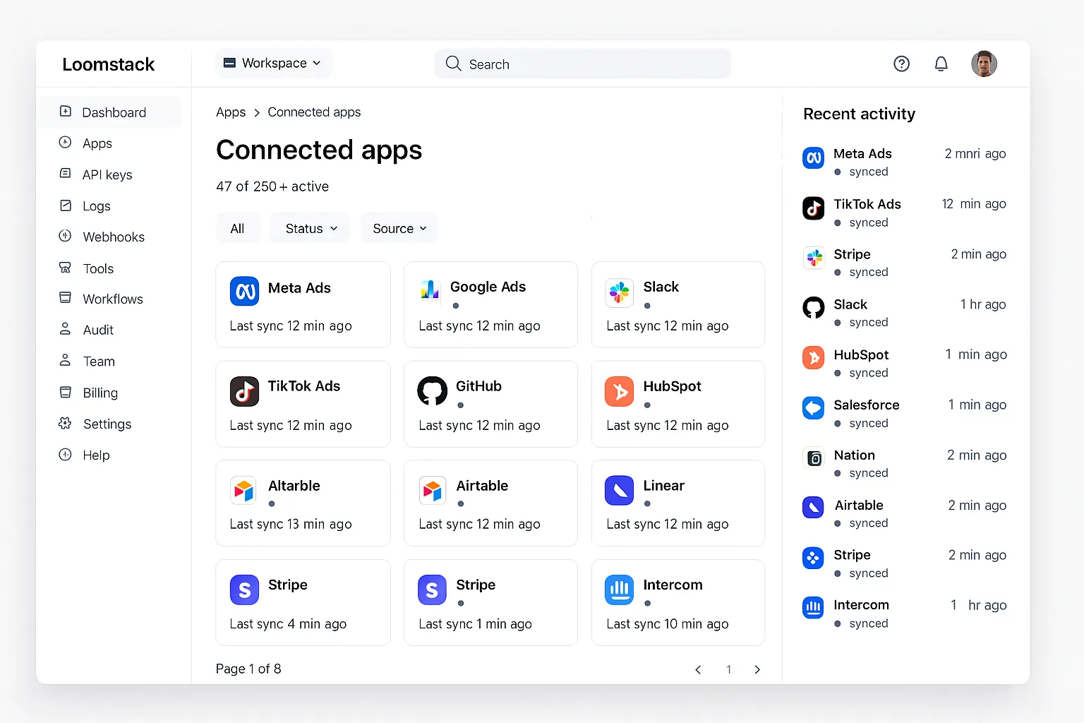 Loomstack MCP for Meta Ads agencies — multi-platform connector dashboard with Meta Ads, Google Ads, Slack, HubSpot and 247 more
