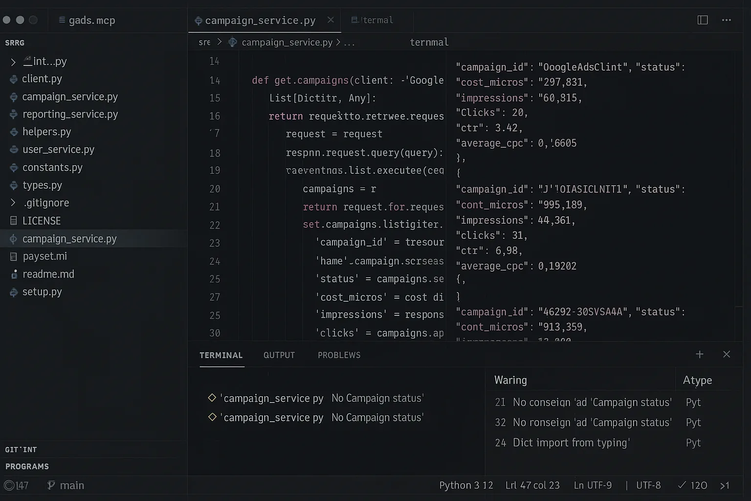 Pivix gads-mcp open-source MCP for Google Ads — code editor with OAuth handler and GAQL response