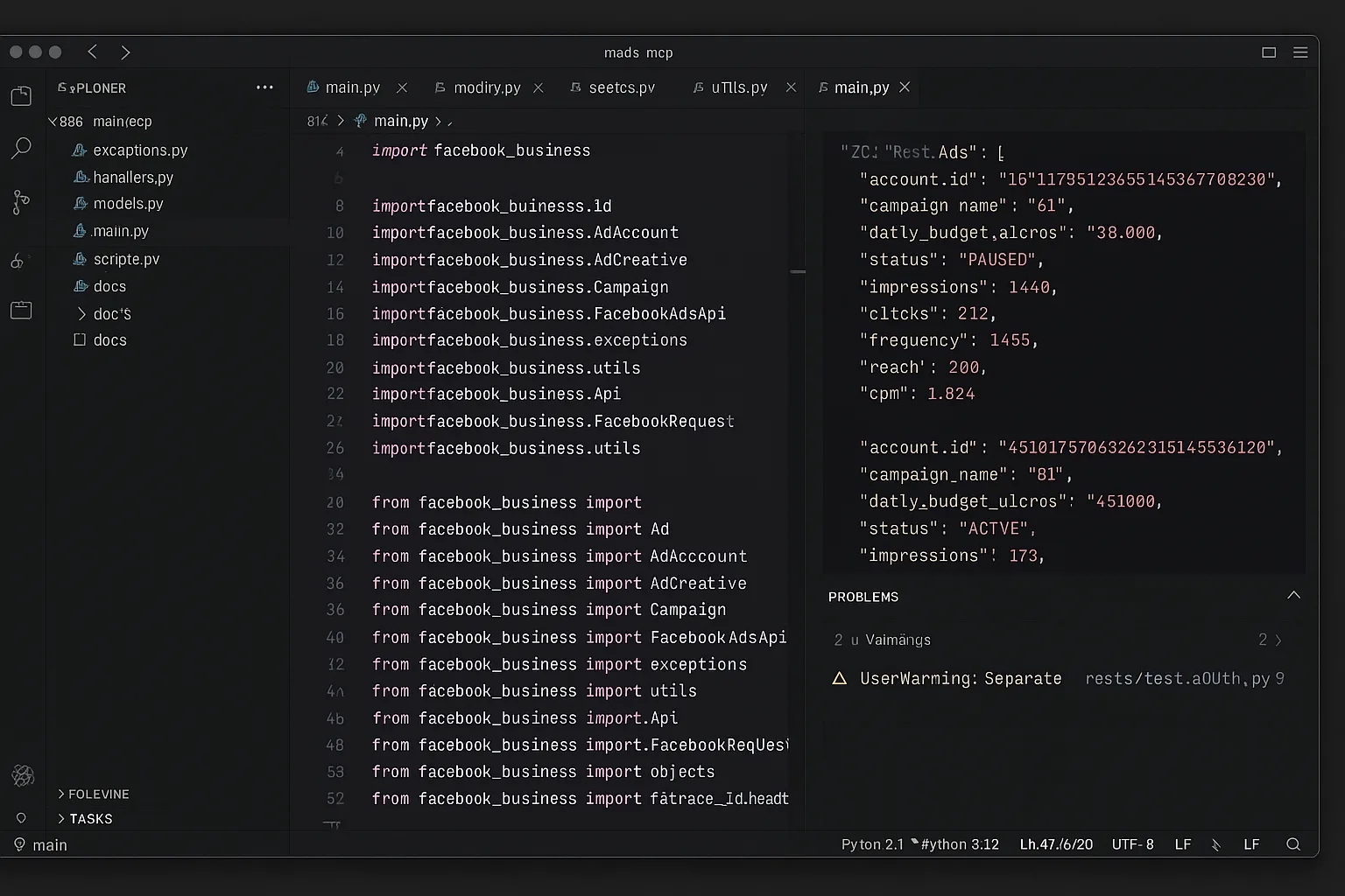 Pivix mads-mcp open-source MCP for Meta Ads agencies — code editor with Meta Marketing API and Business System User auth handler