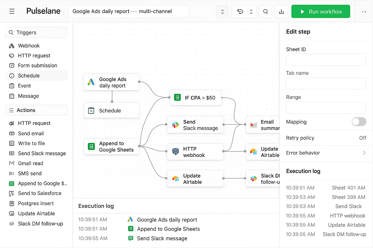 Pulselane MCP for Google Ads — visual workflow builder with a daily report trigger fanning out to Sheets, Slack and email