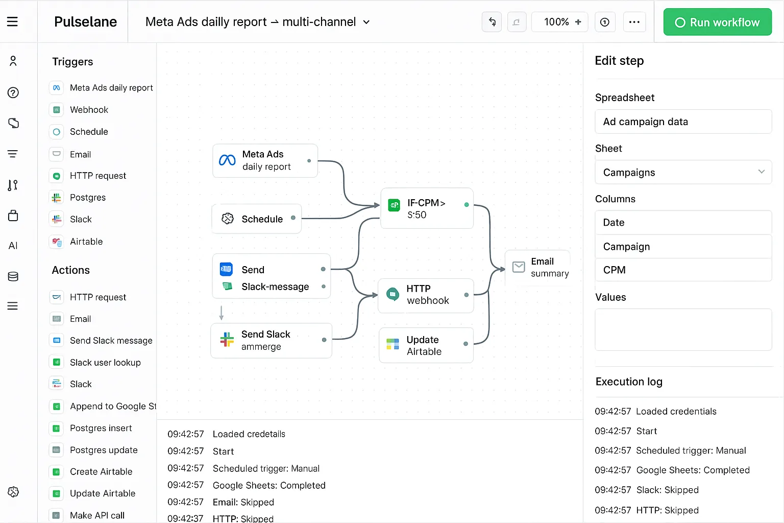 Pulselane MCP for Meta Ads agencies — visual workflow building branded client reports from daily Meta ad-set data