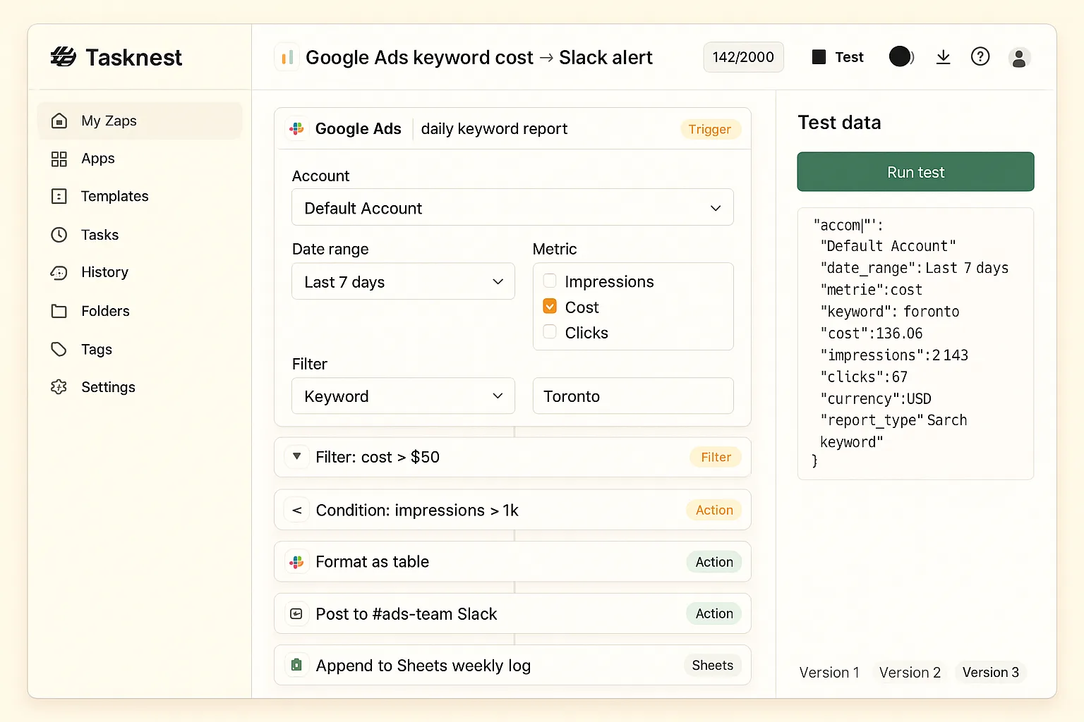 Tasknest no-code MCP for Google Ads — step-by-step automation editor with keyword-cost filter and Slack action