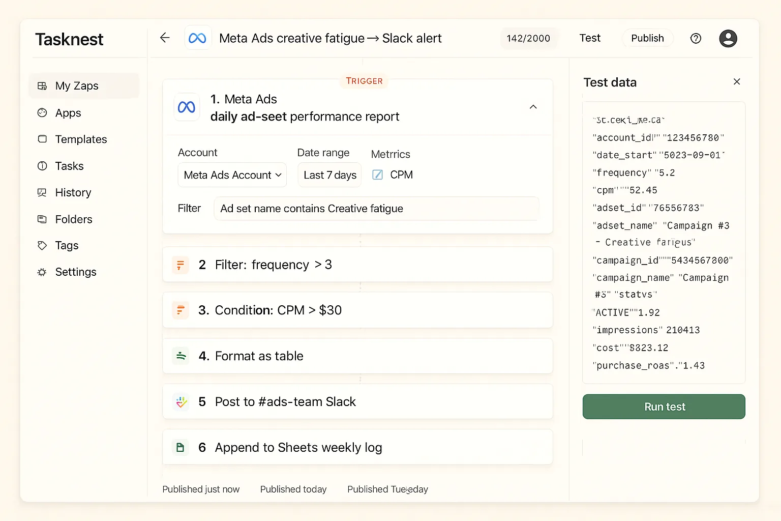 Tasknest no-code MCP for Meta Ads agencies — step-by-step automation editor with creative-fatigue filter and Slack action