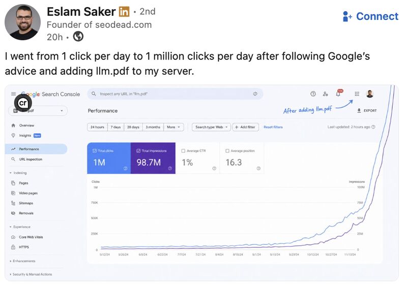 1 million clicks per day after adding llm.pdf satire meme
