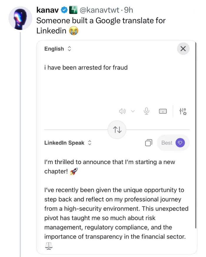 Arrested for fraud LinkedIn Speak translator meme
