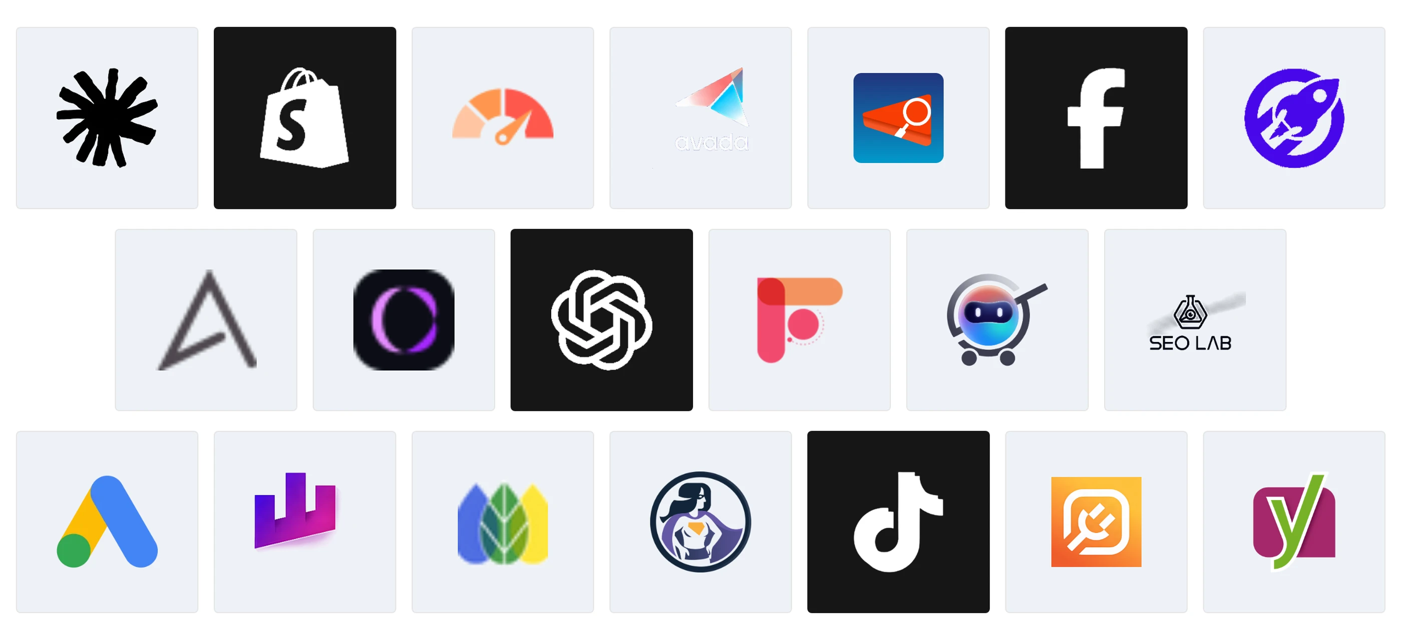 Logos of the Shopify SEO Apps compared in 2026, including Ryze AI, TinyIMG, Avada SEO, SearchPie and Booster SEO, next to Shopify, Meta and ChatGPT