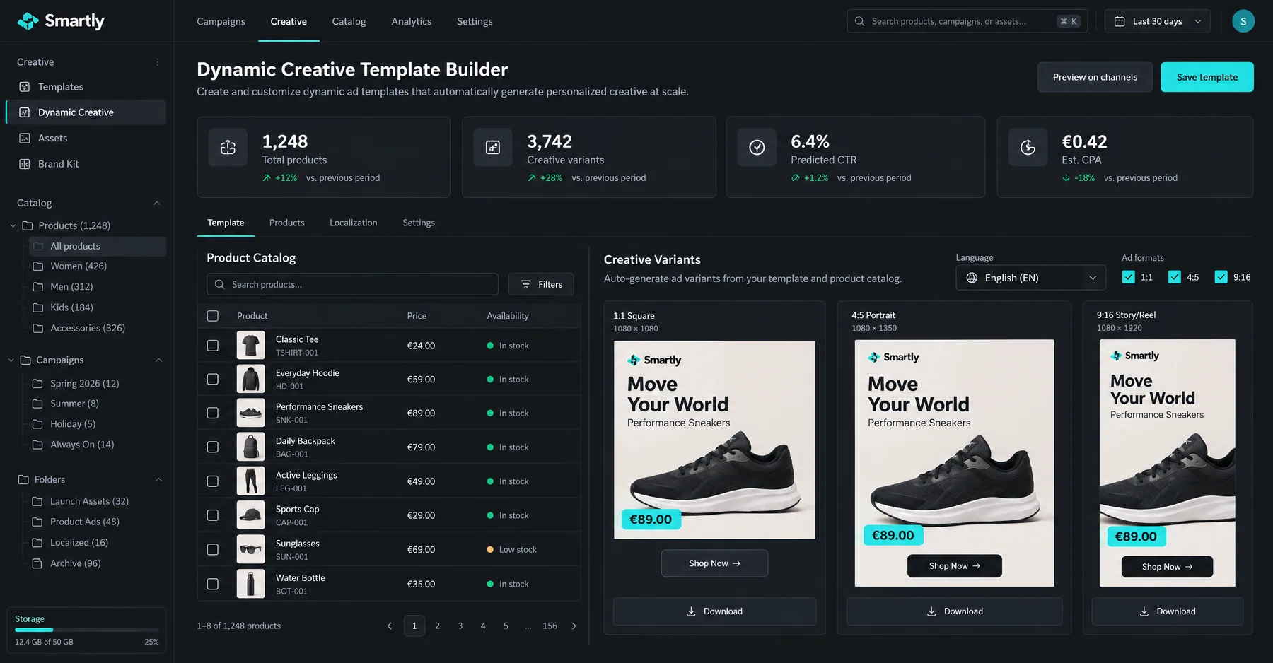 Smartly.io Dynamic Creative Template Builder generating 3,742 variants from a 1,248-product catalog in three formats