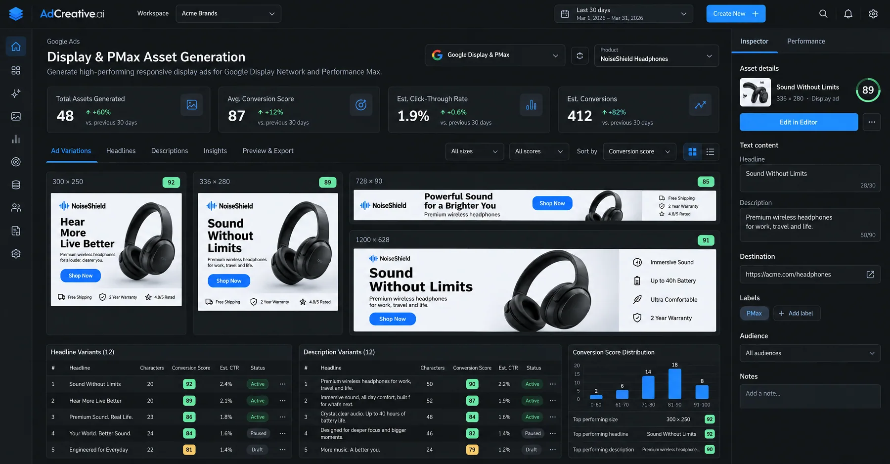 AdCreative.ai Display and PMax Asset Generation with 48 headphone ad variations sized 300x250 to 1200x628, each scored