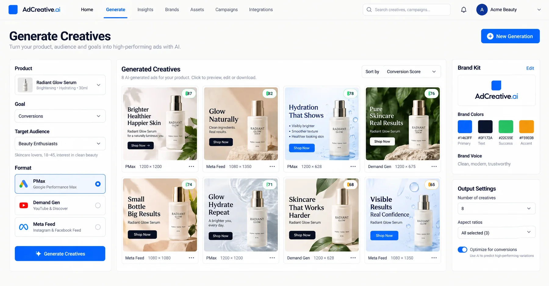 AdCreative.ai Generate Creatives producing 8 serum product ads for PMax, Demand Gen and Meta Feed, ranked by conversion score