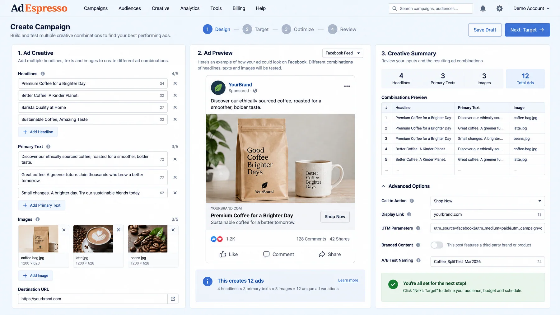 AdEspresso Create Campaign step with 4 headlines, 3 primary texts and 3 images combined into Facebook feed ad variations