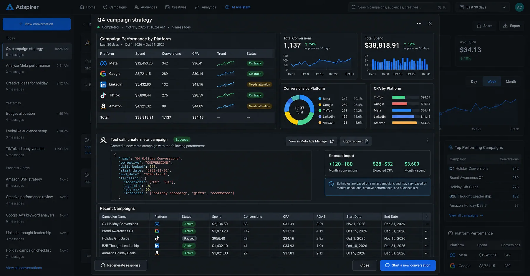 Adspirer AI Assistant running create_meta_campaign for Q4 Holiday Conversions next to spend across five ad platforms