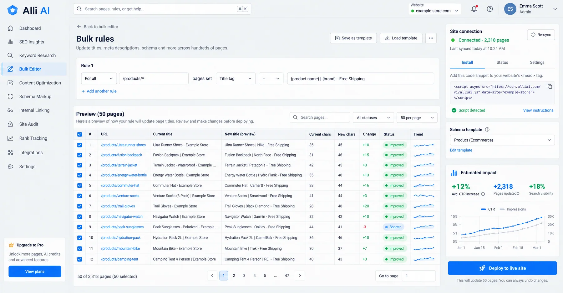 Alli AI Bulk rules editor previewing templated title tags on 50 product pages, with a Deploy to live site button