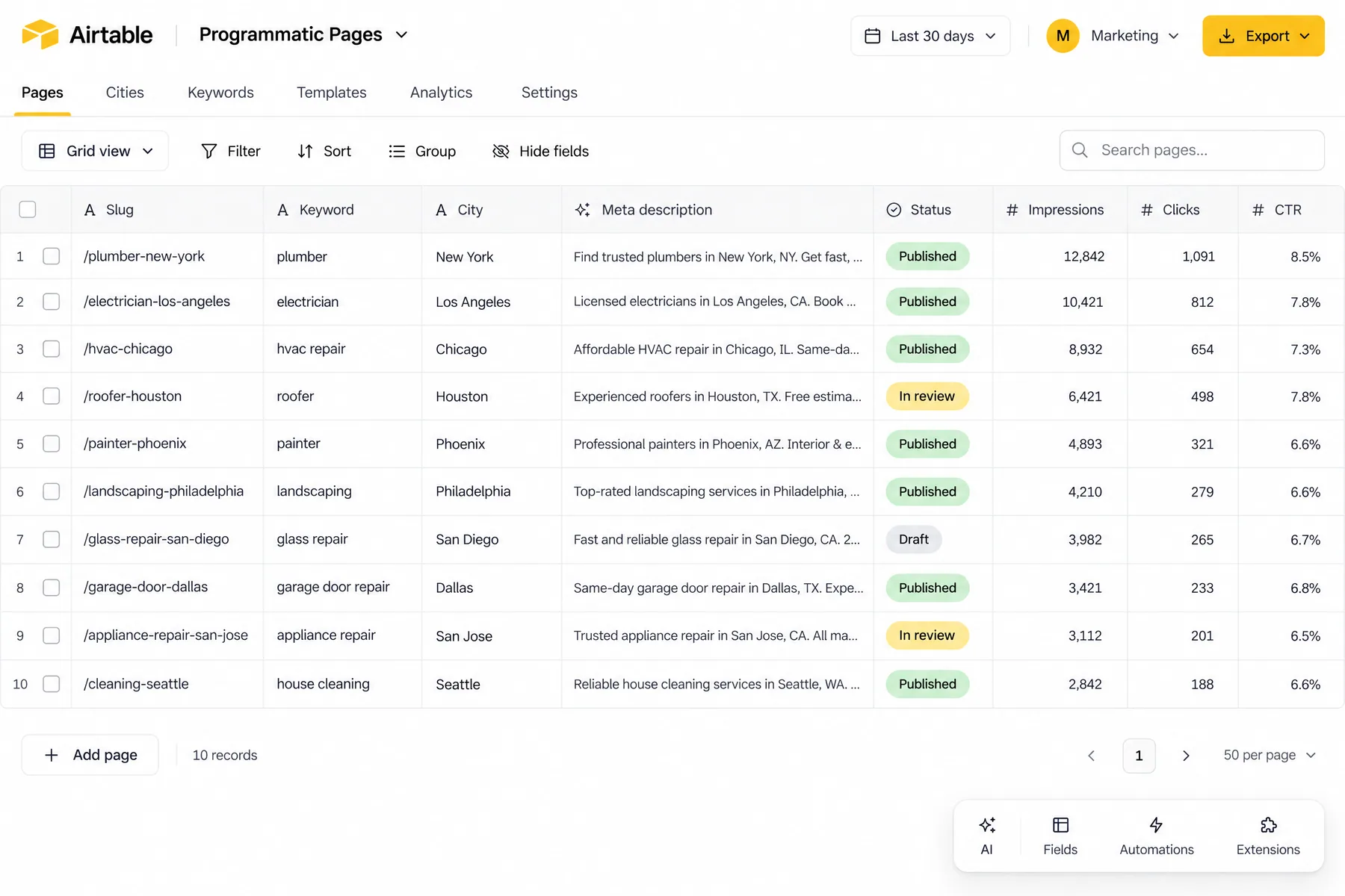 Airtable Programmatic Pages base with one row per page, slug, keyword, city, AI meta description and status