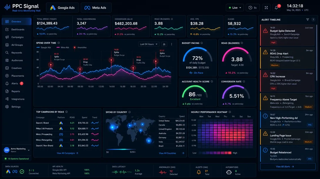 PPC Signal dashboard — a dark analytics console tracking impressions, clicks, CPC, conversions and ROAS, with a geographic performance heat map and a live feed of machine-detected signals and anomalies.