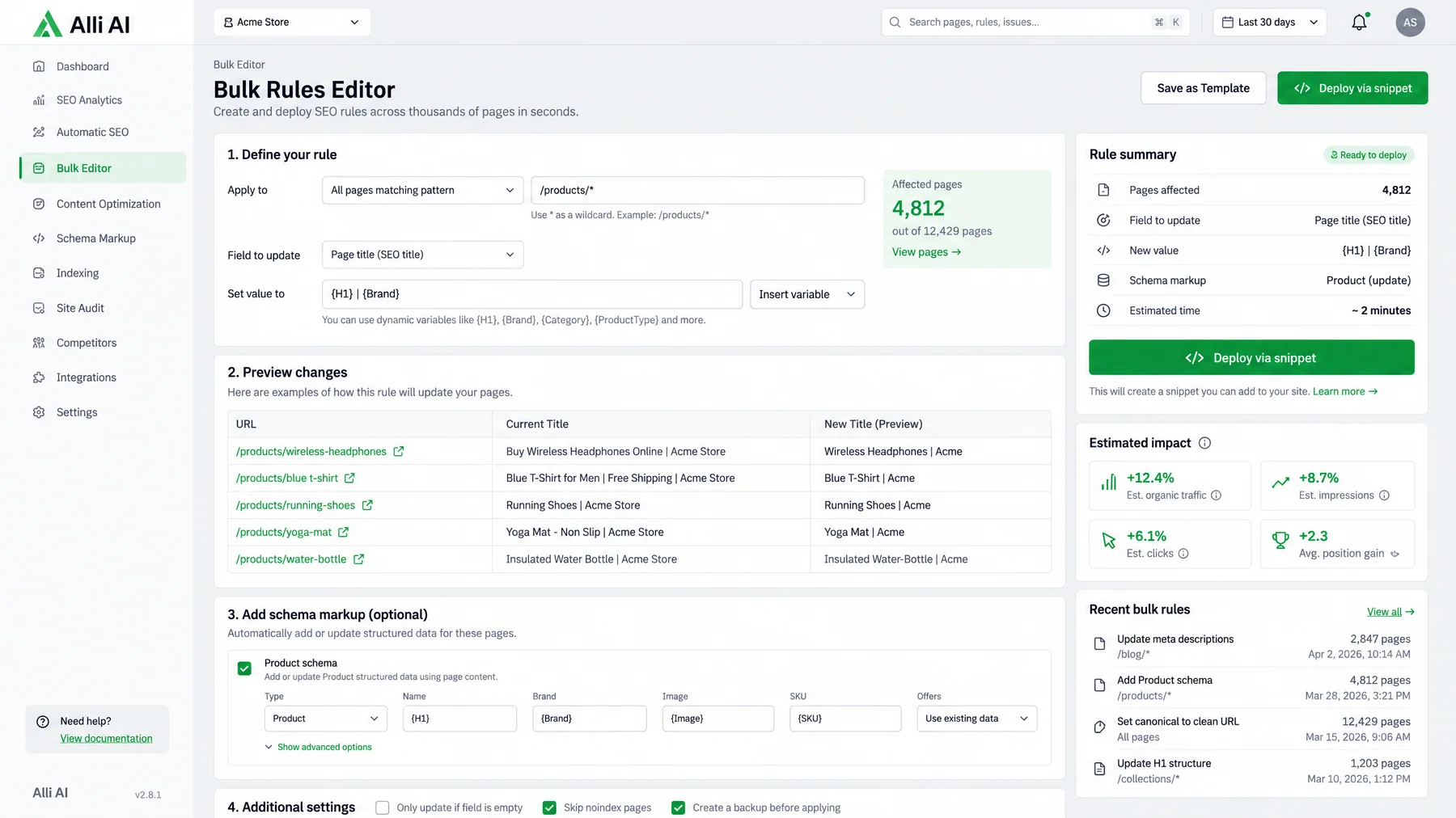 Alli AI Bulk Rules Editor applying a {H1} | {Brand} title rule to 4,812 product pages, with a Deploy via snippet button