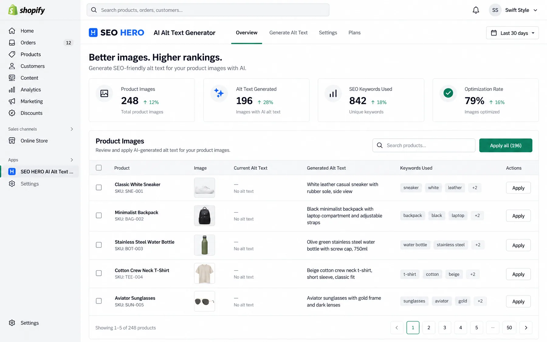 SEO HERO AI Alt Text Generator in Shopify with AI alt text and keywords ready for 196 product images, and an Apply all button