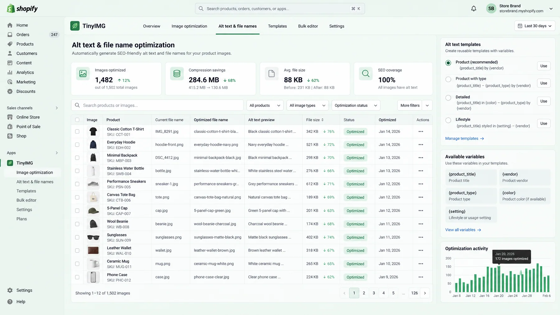 TinyIMG Alt text & file names screen with 1,482 images optimized, renamed files and {product_title} by {vendor} templates