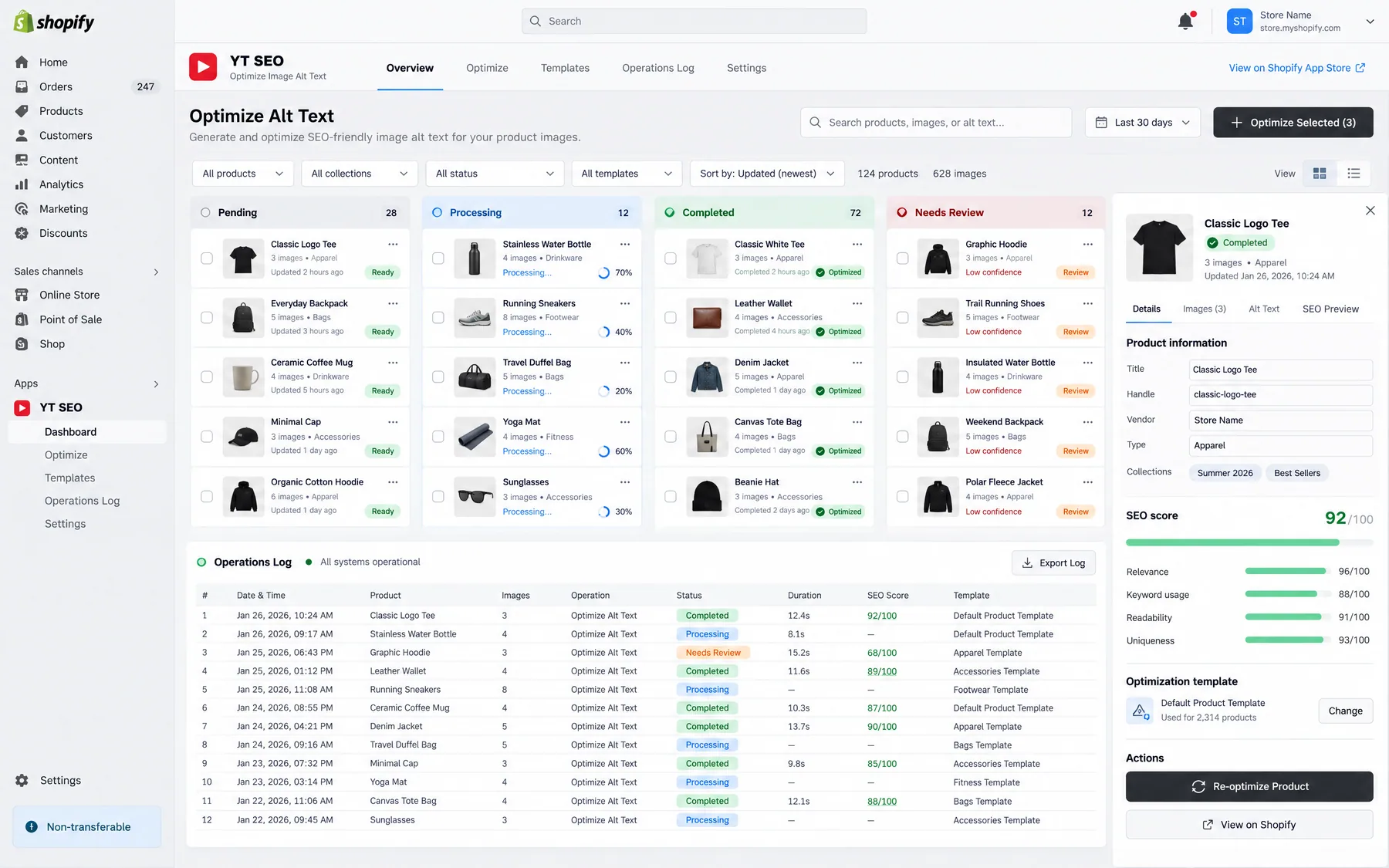 YT SEO Optimize Alt Text board sorting 124 products into Pending, Processing, Completed and Needs Review columns