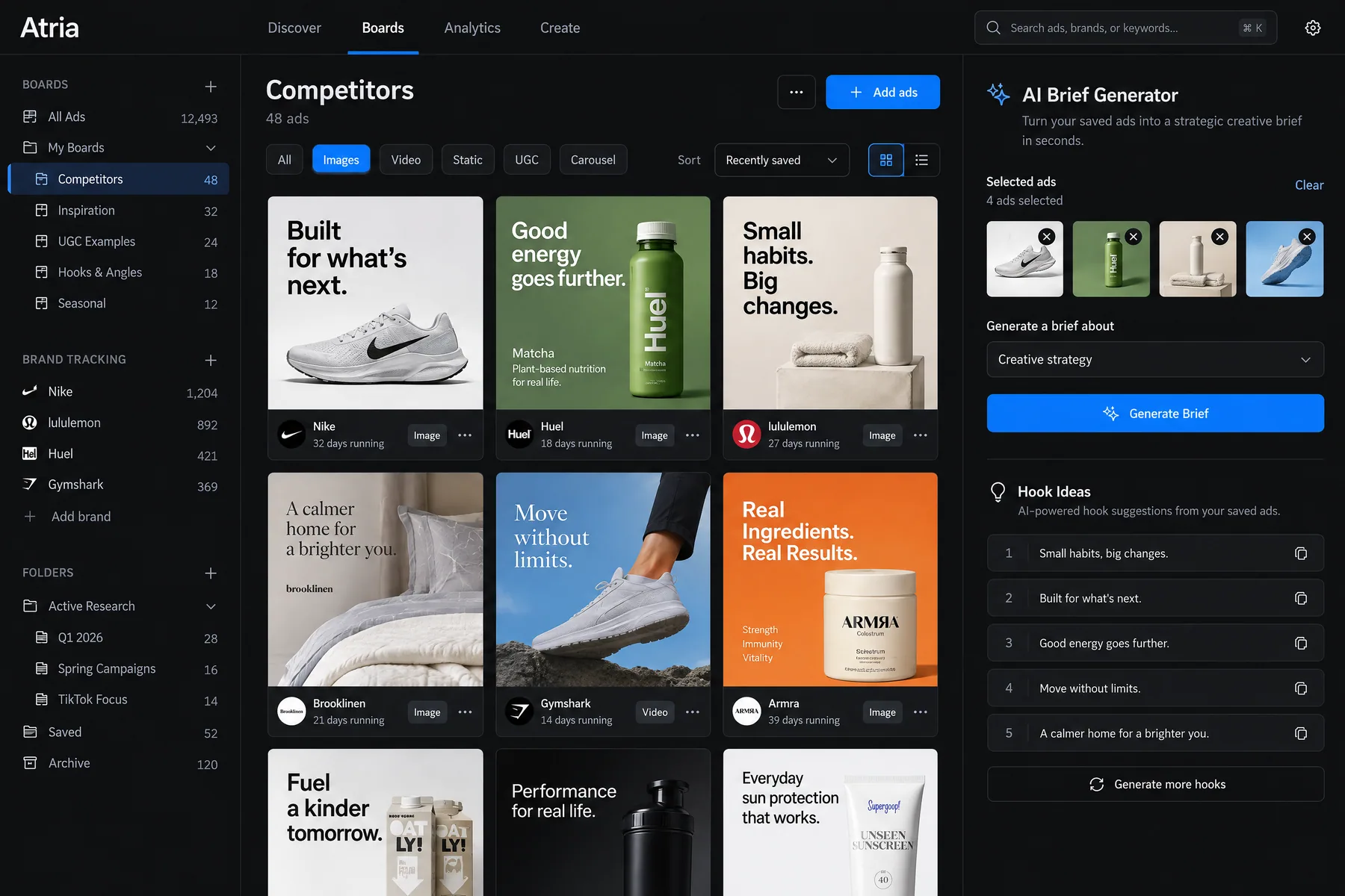 Atria Competitors board of 48 saved ads from brands like Nike and Huel next to an AI Brief Generator with hook ideas