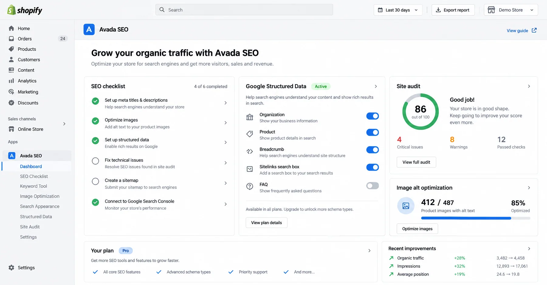 Avada SEO dashboard with Google Structured Data active for Organization, Product, Breadcrumb and Sitelinks search box