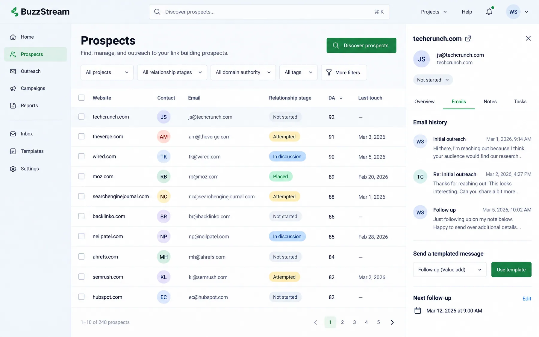 BuzzStream Prospects list of 248 link sites by relationship stage, with the techcrunch.com email history open