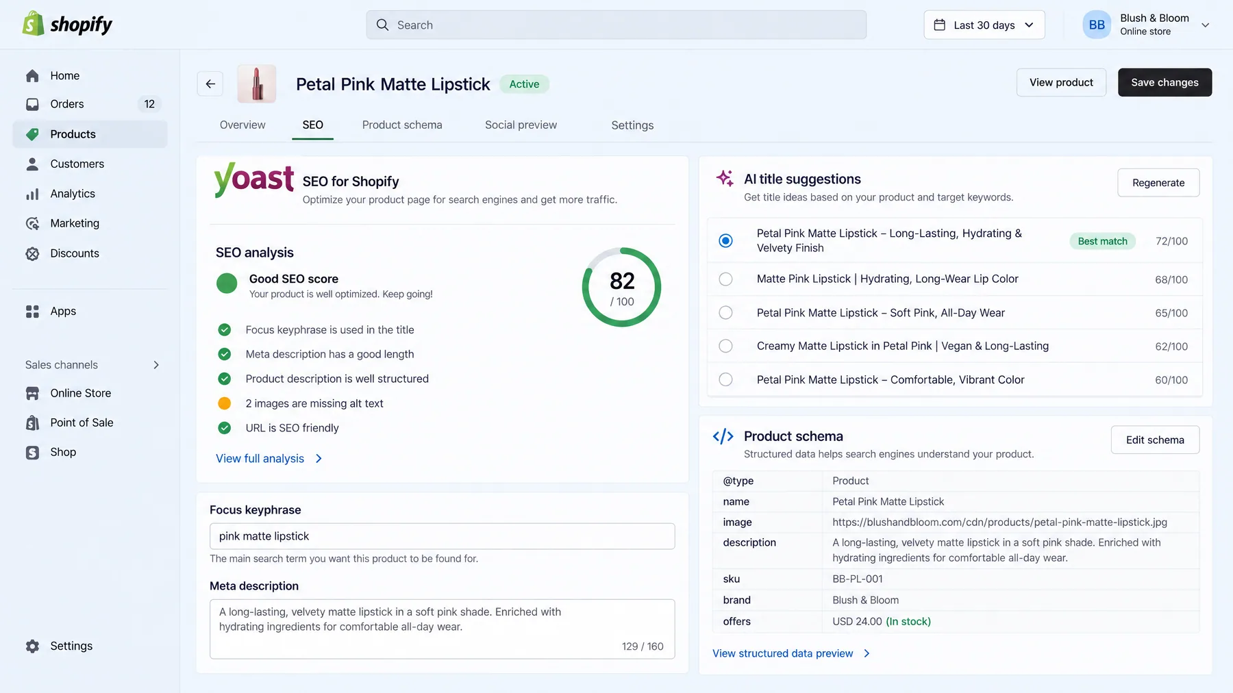 Yoast SEO for Shopify on a matte lipstick product page, with an 82/100 SEO score, AI title suggestions and product schema