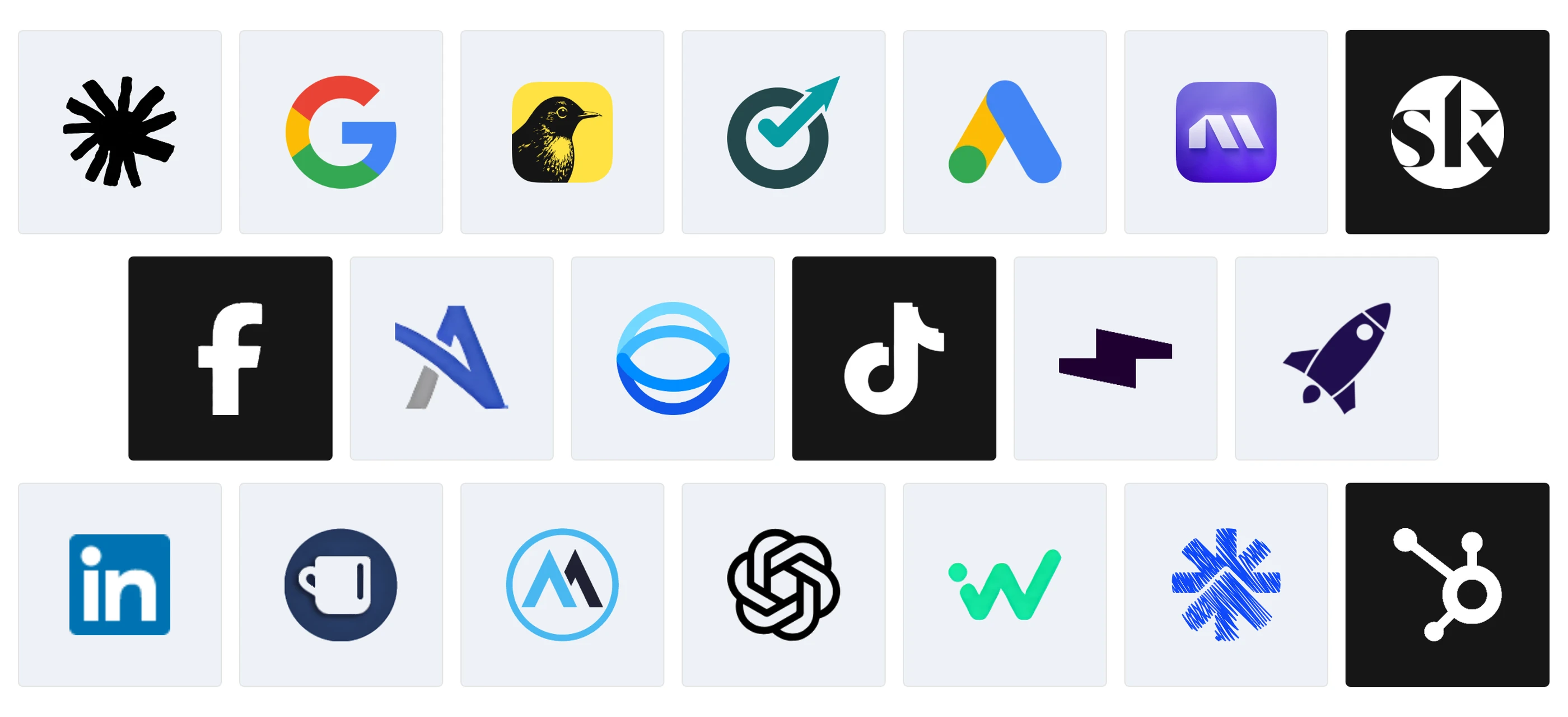 Logos of the Ad Management Tools compared in 2026, including Ryze AI, Bïrch, Optmyzr, Madgicx and Skai, next to Google, Google Ads and Meta