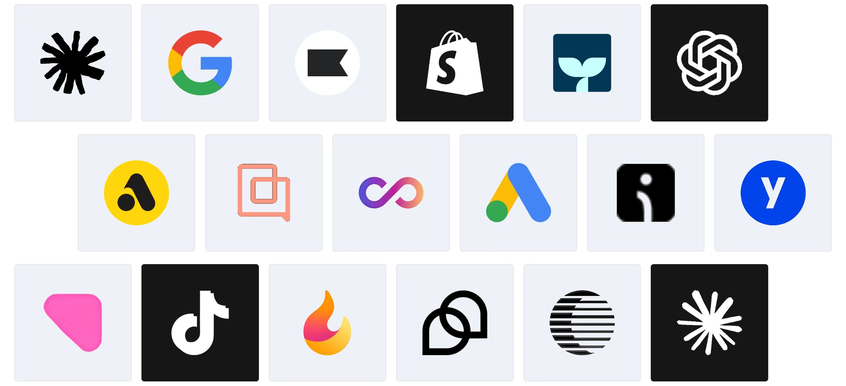 Logos of the AI Marketing Tools for Shopify compared in 2026, including Ryze AI, Klaviyo, Shopify Magic + Sidekick, Triple Whale and Attentive, next to Google, ChatGPT and Google Ads