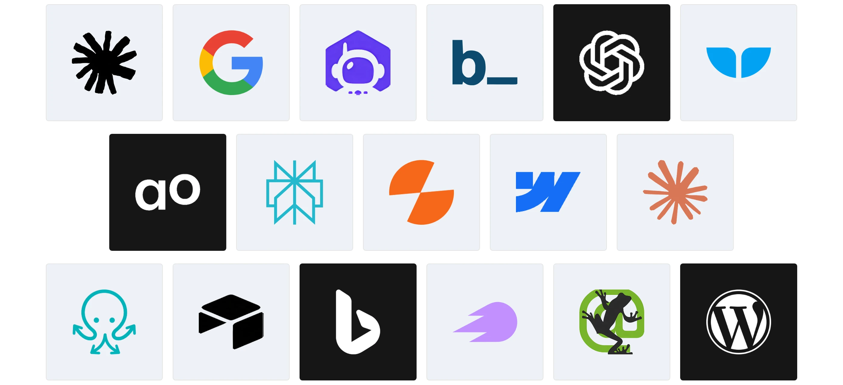 Logos of the Programmatic SEO Tools compared in 2026, including Ryze AI, SEOmatic, Byword, Whalesync and AirOps, next to Google, ChatGPT and Perplexity